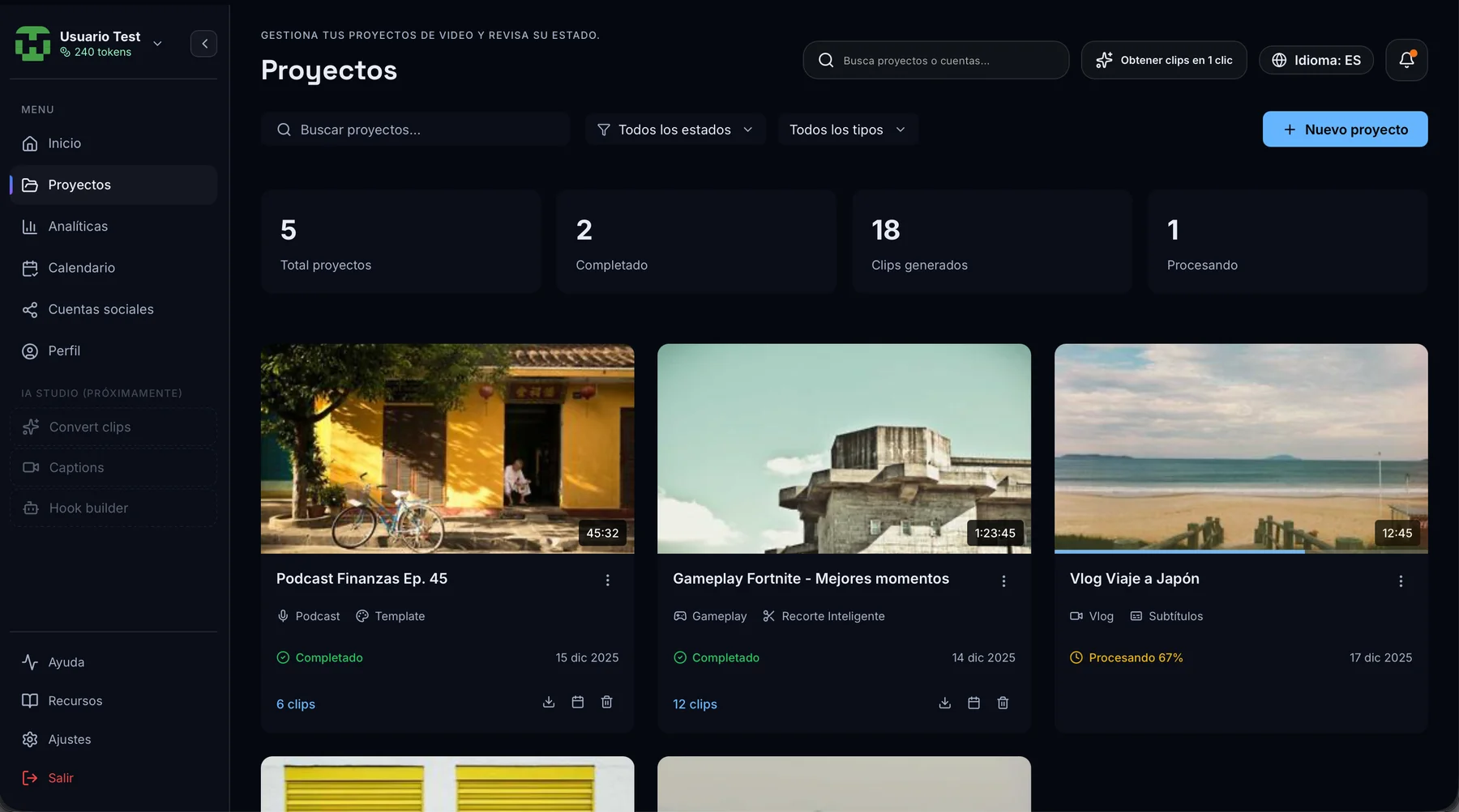 Autotok — Projects and clips